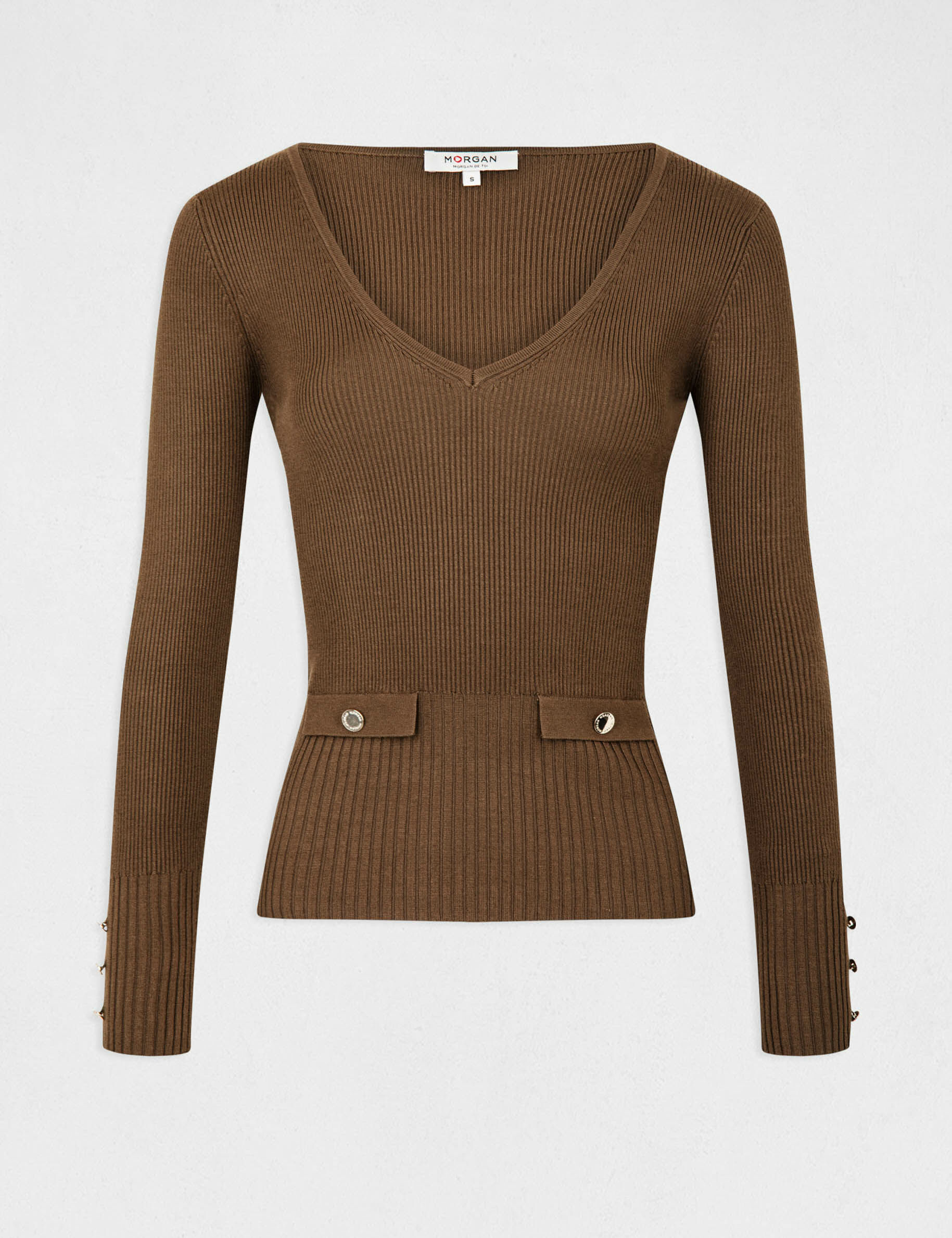 Pull manches longues côtelé à col en V vert moyen femme - vert_moyen