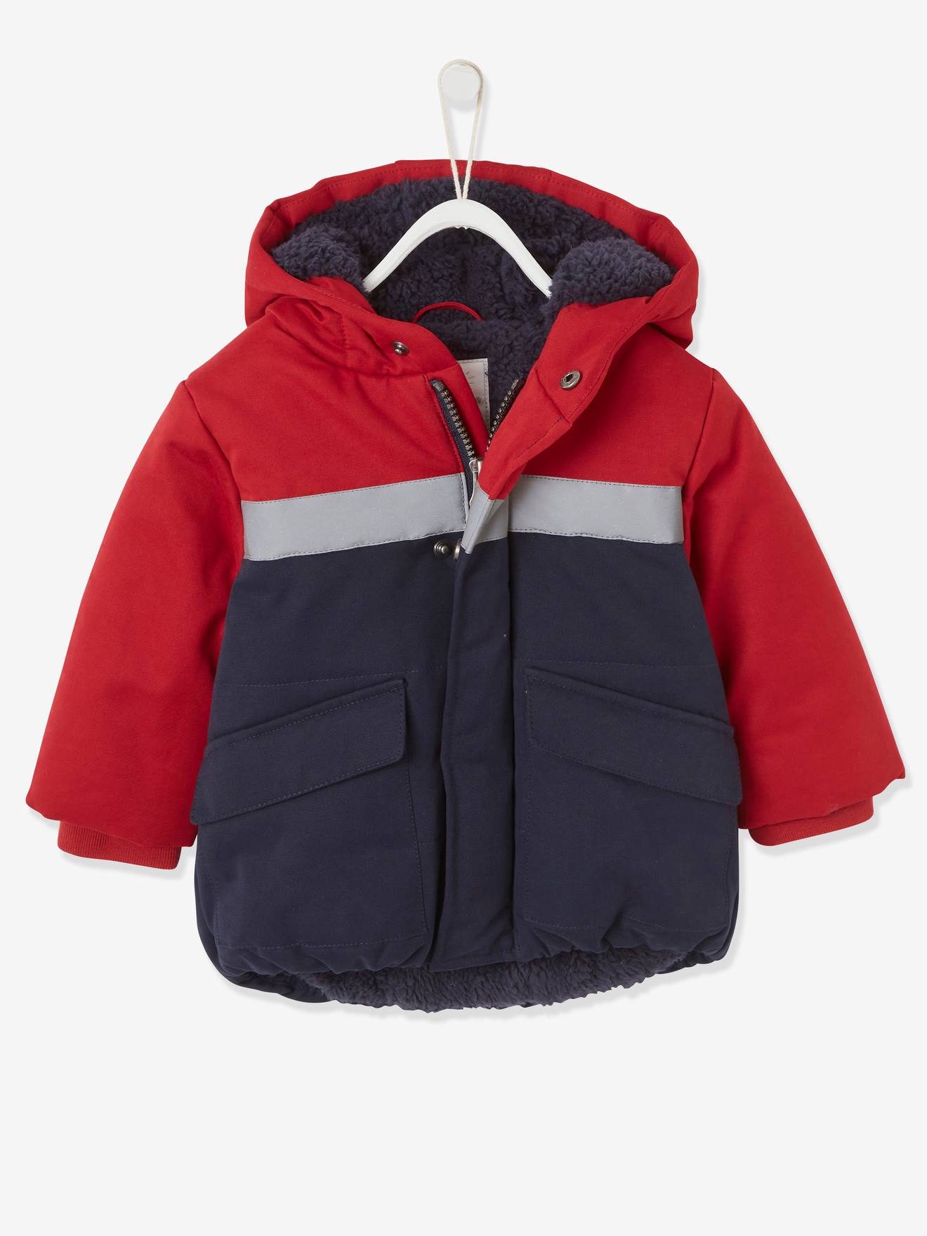 Jaqueta acolchoada colorblock para bebê menino, lisa em vermelho escuro com estampas.
