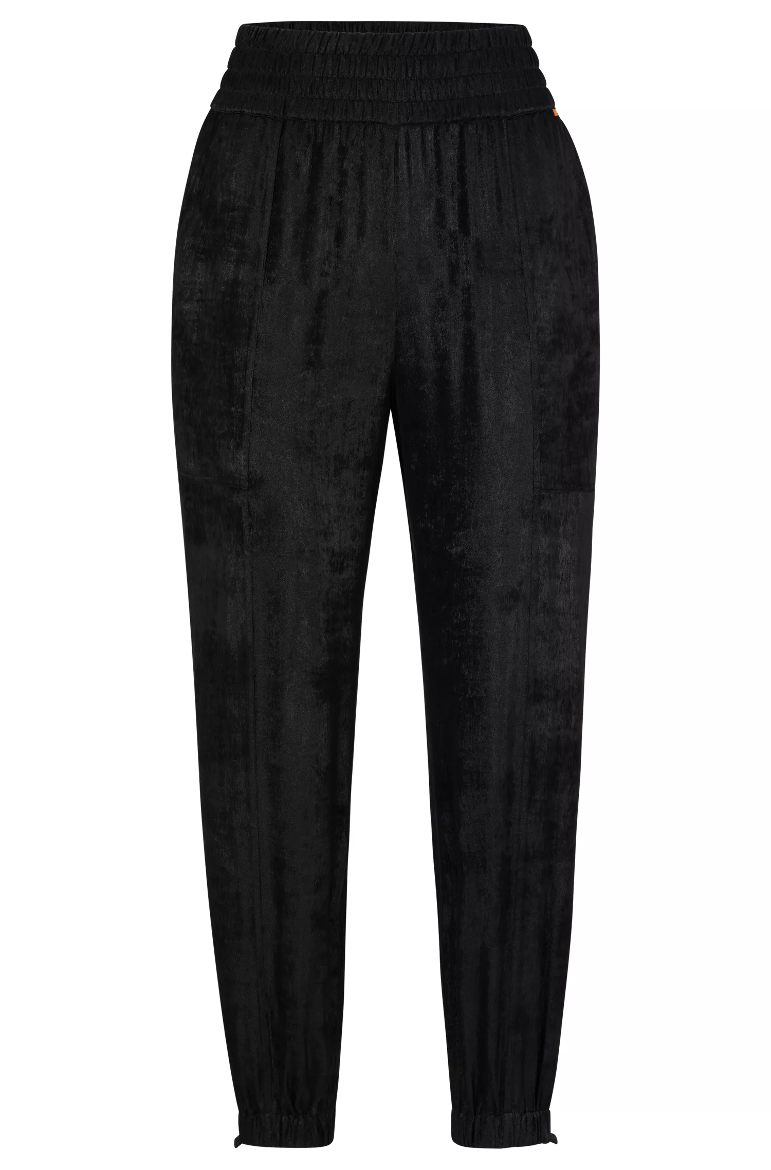 Calça BOSS laranja, corte folgado, com estampa de efeito metálico.
