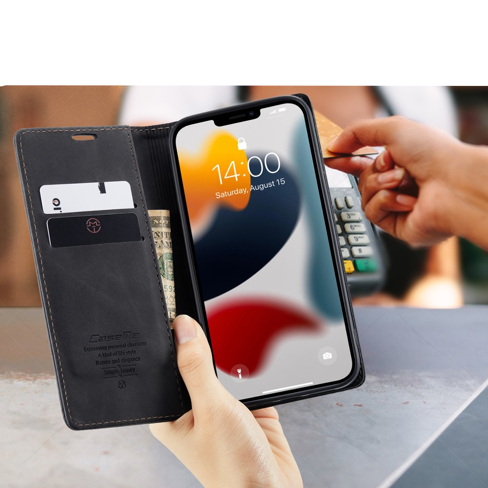iPhone 13 Pro Leder Tasche Flip Wallet Etui mit Kartenfächern - Schwarz