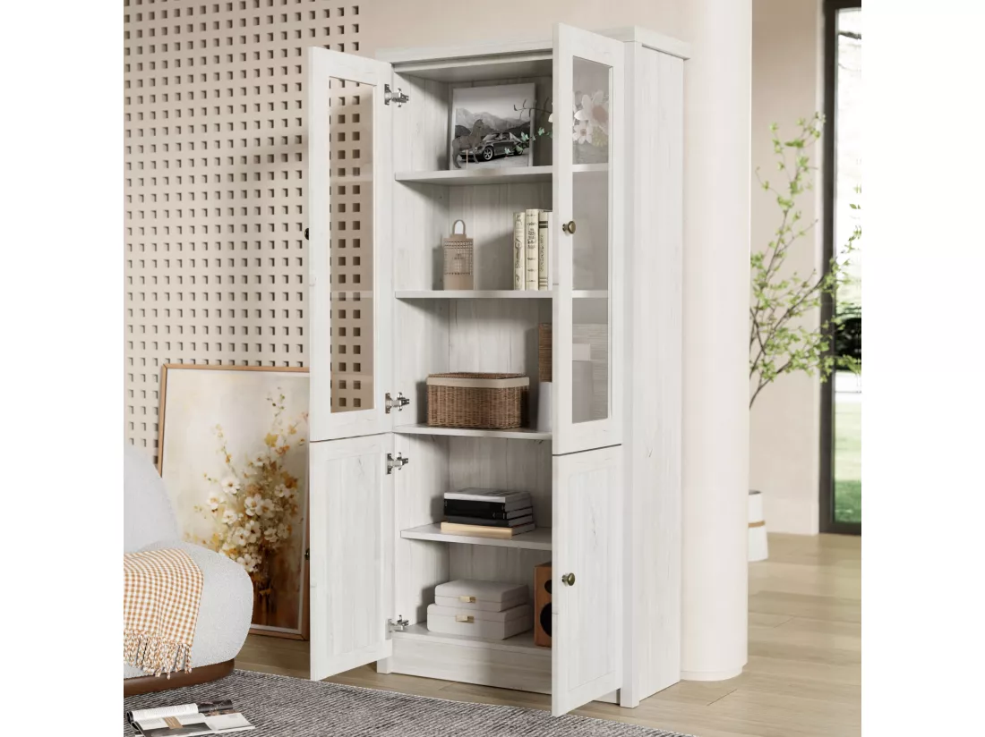 Armoire haute moderne 80x34x171 cm - avec 2 portes vitrées - 2 portes en bois - blanc
