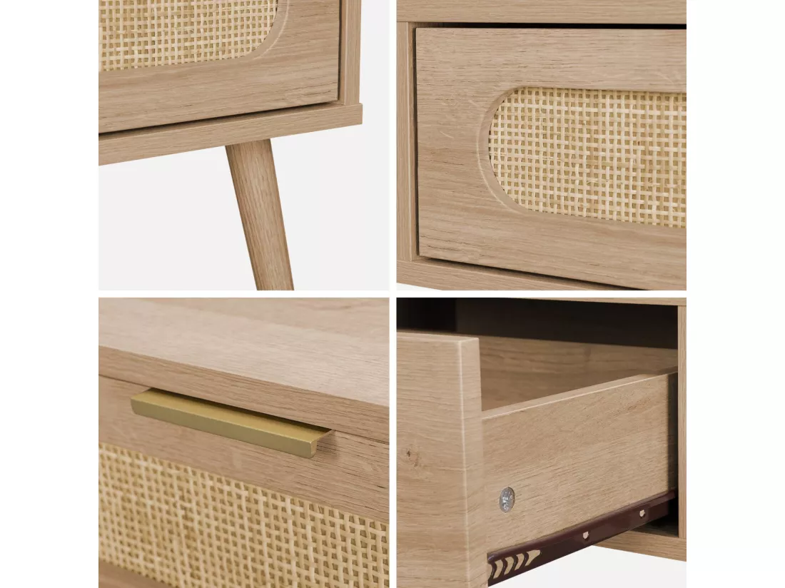 Table basse. Eva. scandinave en cannage arrondi et en décor bois. 1 tiroir réversible L110 x l59 x H39cm