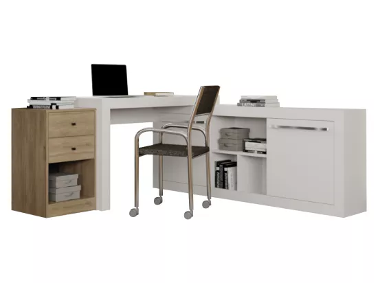 Bureau d'angle - 2 tiroirs et 2 portes - Coloris : Blanc et chêne - EVAN
