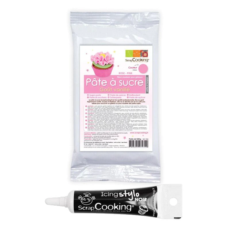 Pâte à sucre rose 250 g + Stylo de glaçage noir Scrapcooking