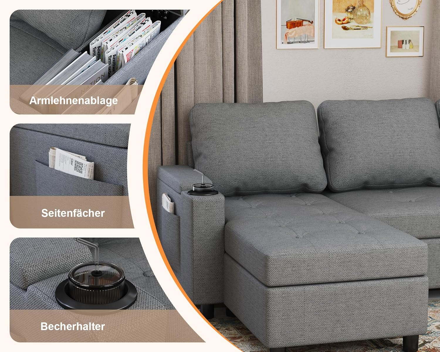 Devoko Ecksofa mit Schlaffunktion und Bettkasten L-Form Sofa 3-Sitzer Ausziehbares Schlafsofa Leinen Couch Kleines Schlafcouch für Wohnung und Wohnzimmer, Hellgrau