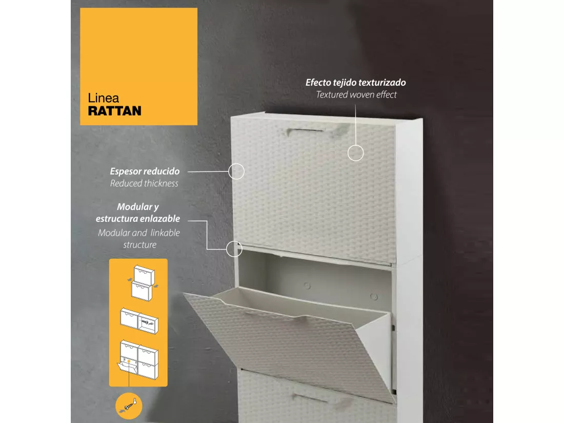 Étagère À Chaussures En Polypropylène De Couleur Blanche Finition Rattan, 40,1x51x17,3