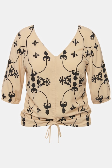 Bluse, Raffband unter V-Ausschnitt, Langarm, Print