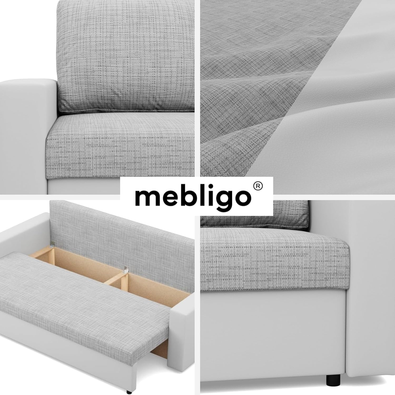 Mebligo - Sofa Dreisitzer Wohnzimmer mit Schlaffunktion, Bettkasten und Kunsteleder 220x92x92 (BxHxT) Grau und Weiß Luna, Schlafsofa Platzsparend, Schlafcouch, Sofabett, Sofa Bed, Bettsofa