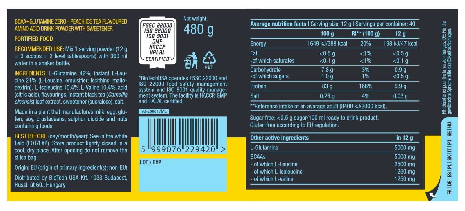 Biotech USA BCAA + Glutamina Zero 480 g