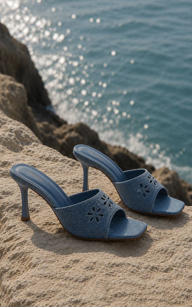 Bleu Mules À Talons En Denim Découpées Au Laser