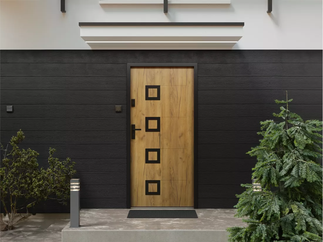 Porte d'entrée en acier avec inox H207 x L100 cm effet chêne - poussant droit - TIFANA