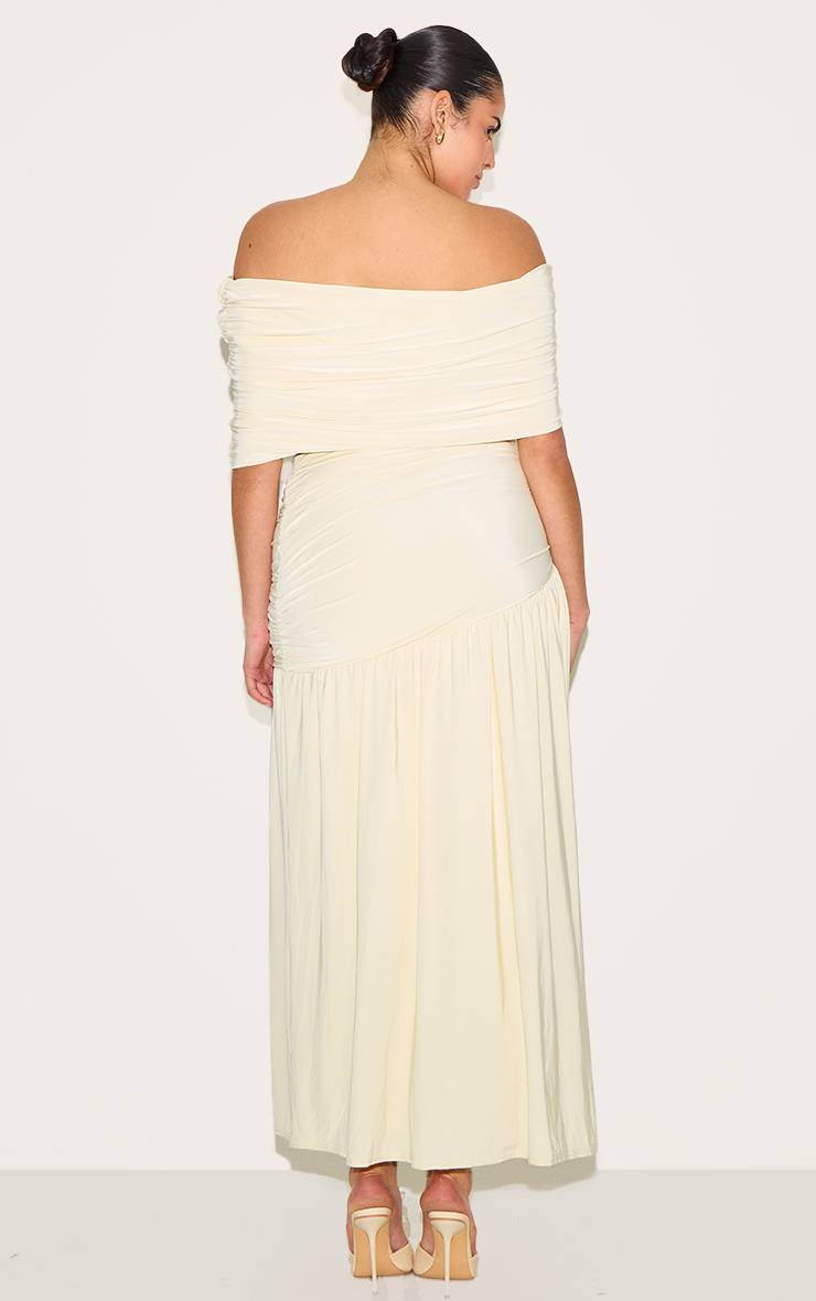 Crème Robe Longue Grande Taille À Double Couche Slinky Bardot Froncée