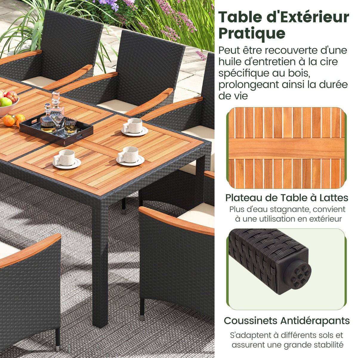 Salon de Jardin en Rotin 9 Pièces Plateau de Table en Acacia Ensemble de Salle à Manger avec Coussins Amovibles Trou Charge 180KG Beige+Noir - Lidl-Manfred