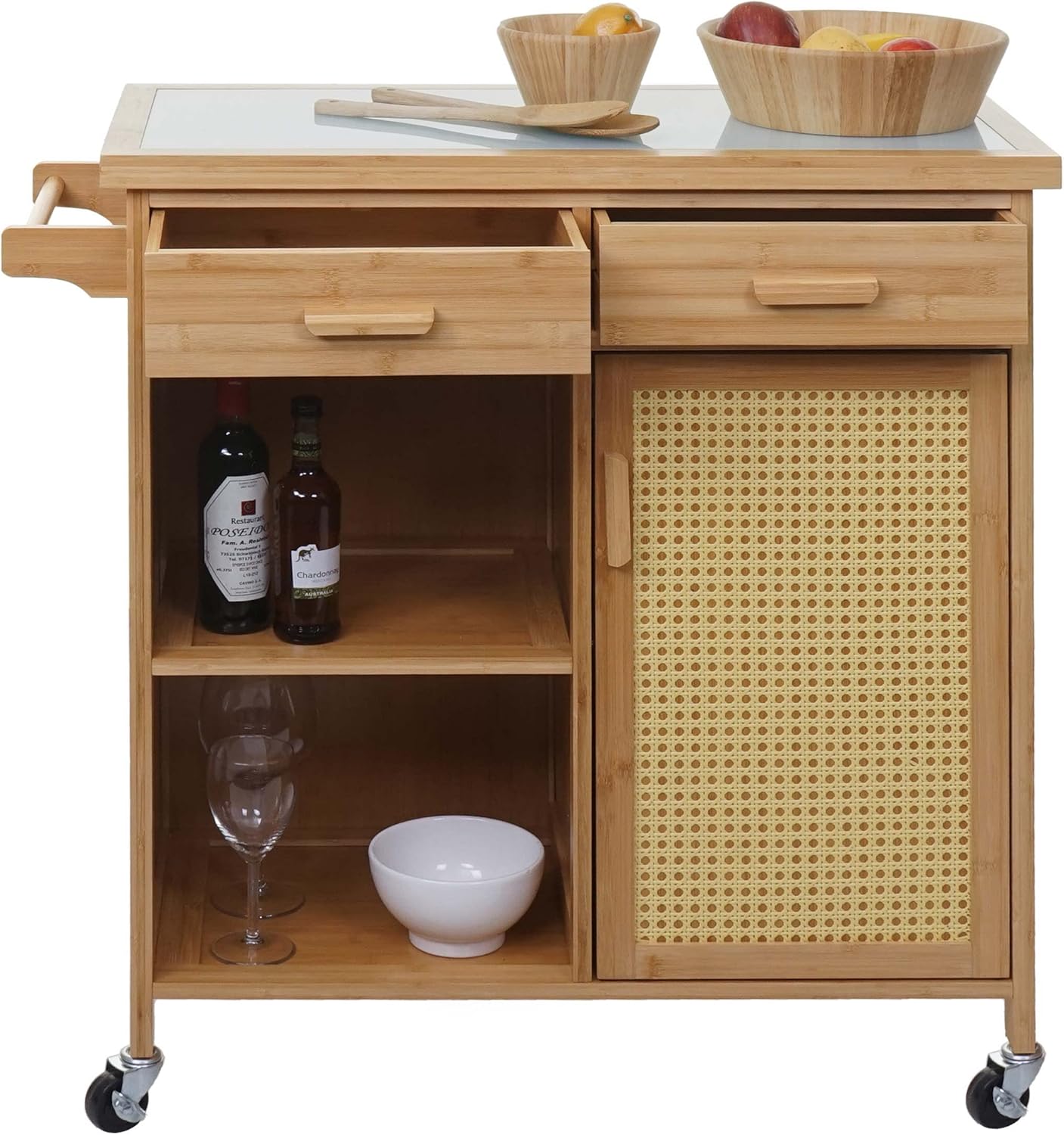 Mendler Servierwagen HWC-K11, Küchenwagen Barwagen Rollwagen, Griff Schublade Arbeitsplatte 85x84x36cm Bambus, braun