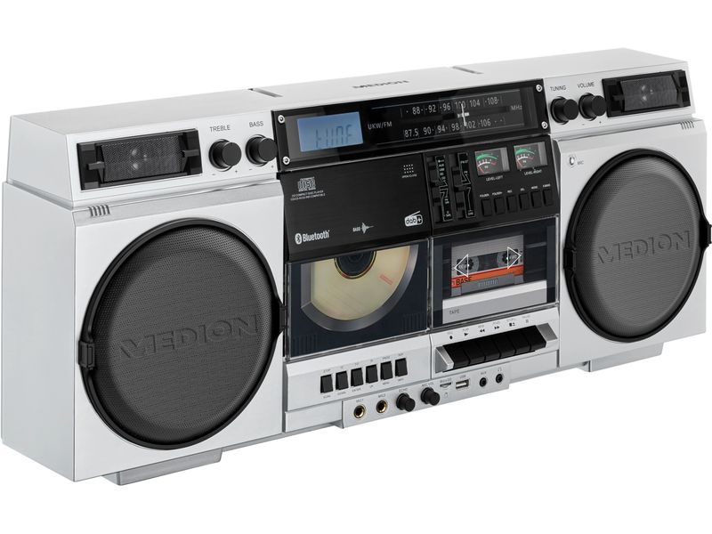 Medion Radio/CD-Player LIFE P66538 Retro-Boombox Silber Retro-Kassettendeck mit DAB  und Bluetooth
