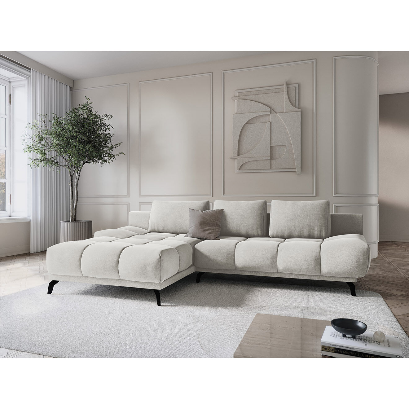 Windsor & Co Canapé d'angle Gauche Convertible avec Coffre Cirrus 5 Places beige clair - 290x182x90 cm
