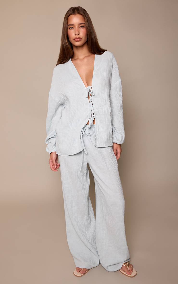 Bleu Ensemble Chemise À Nouer En Gaze Texturée