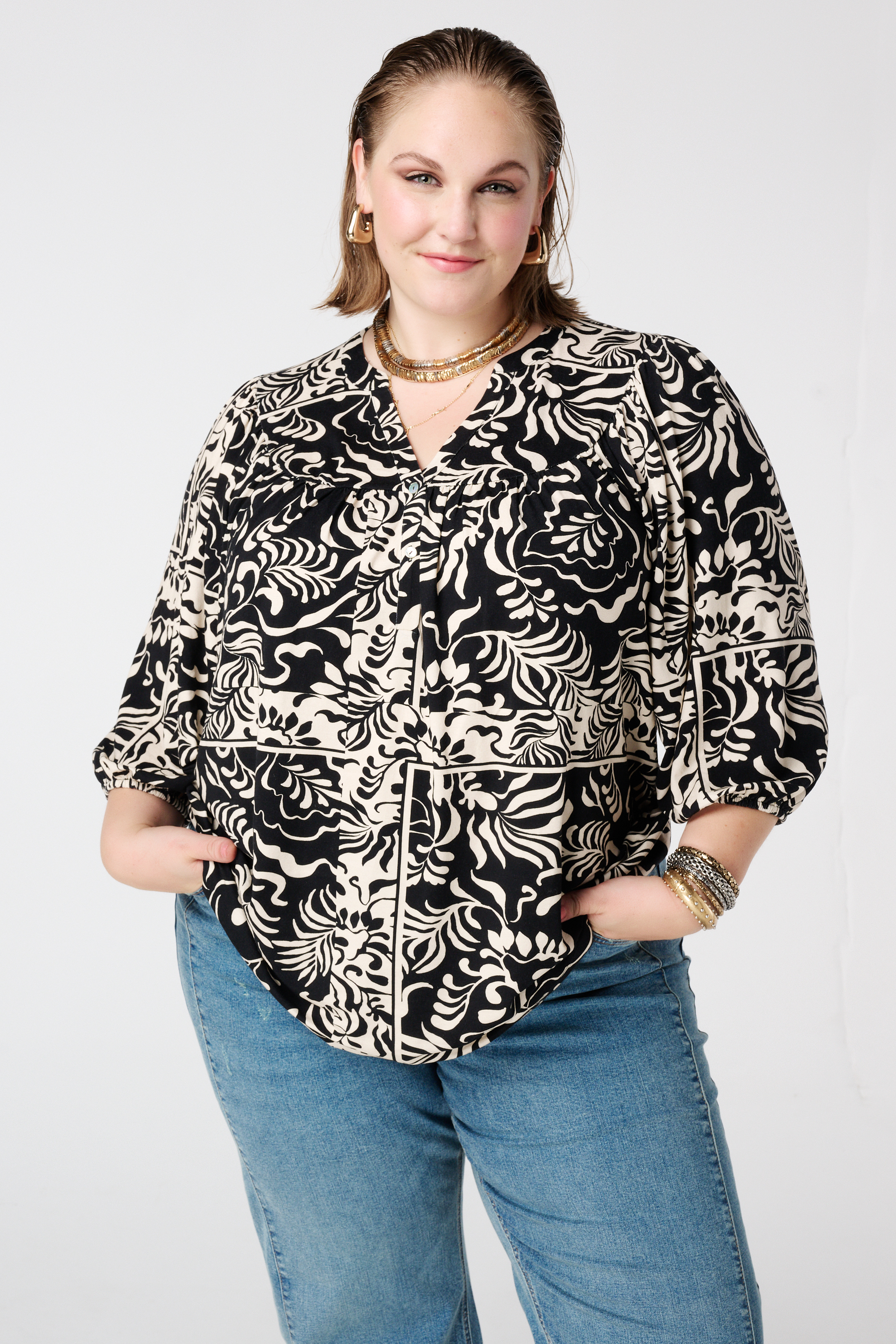 Jersey top met print Multi zwart-wit