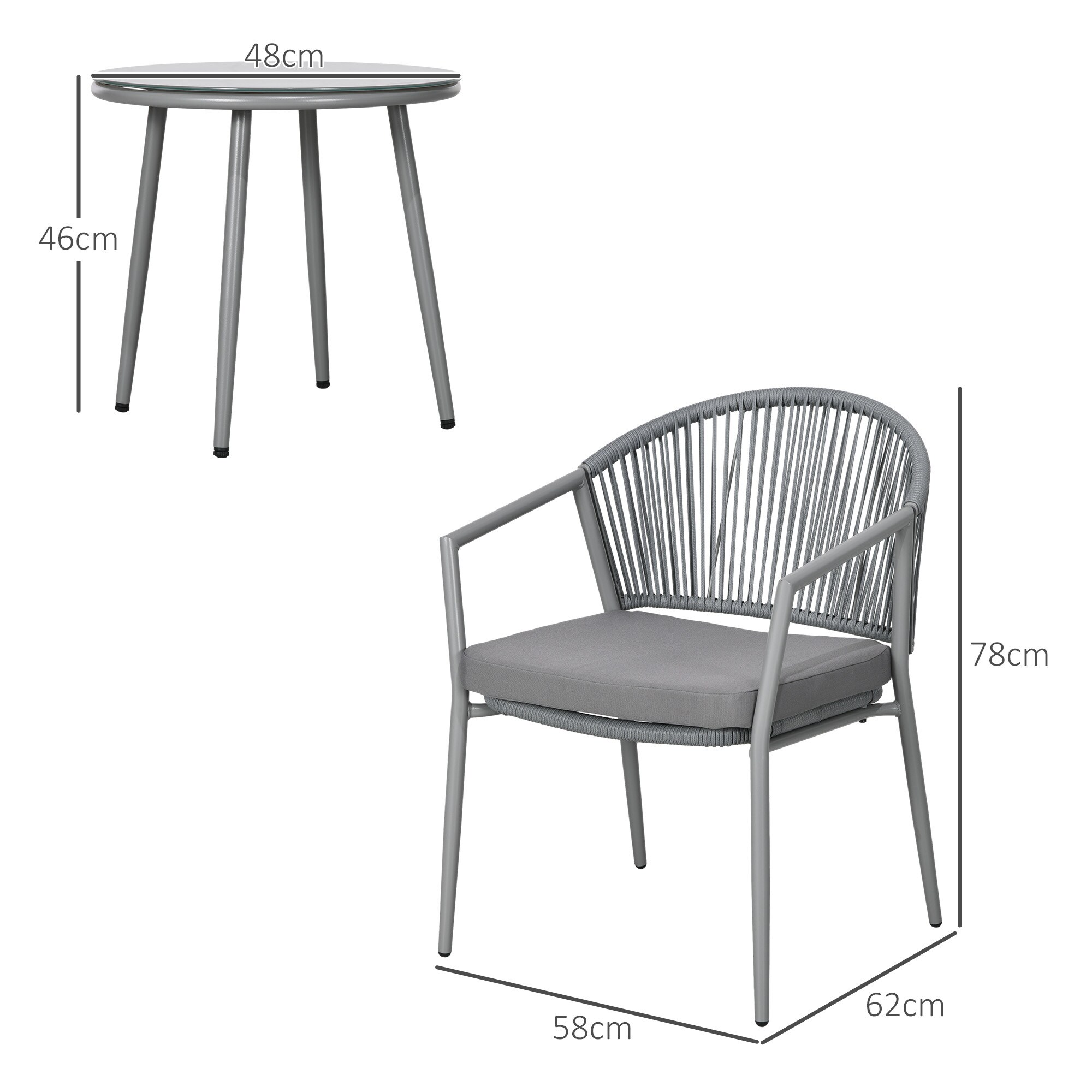 Outsunny Bistroset mit Sitzkissen grau 58L x 62B x 78H cm