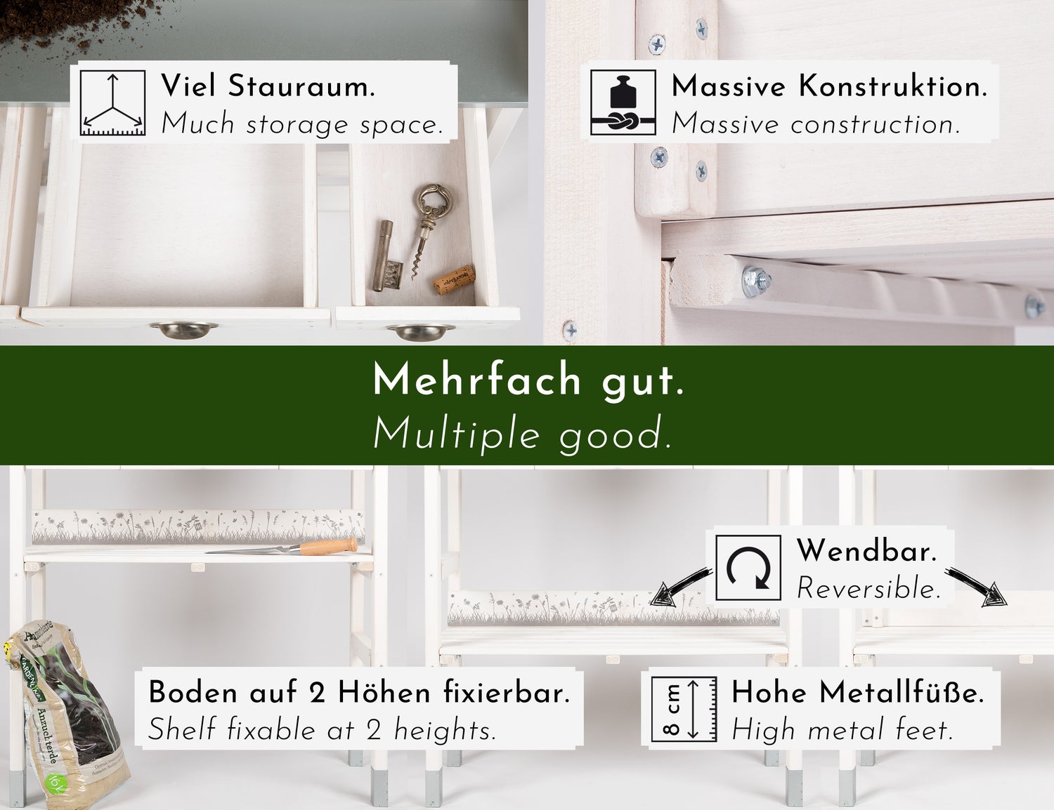 WONDERMAKE - Grote witte houten pottentafel met 3 lades, weerbestendig, XL tuinwerktafel voor buiten op balkons, hoogwaardige tuintafel, wit/grijs