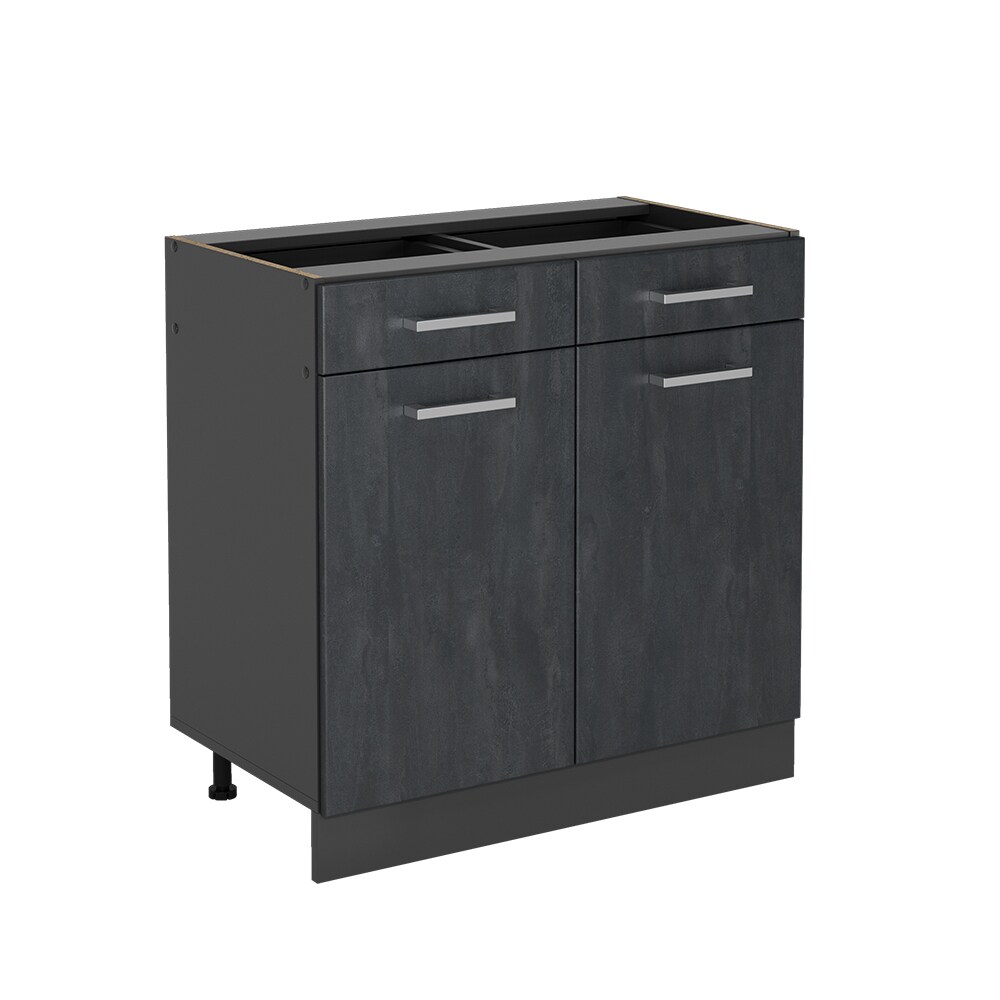 Vicco Schubunterschrank R-Line Schwarz Beton Anthrazit 80 cm mit Arbeitsplatte Weiß Marmor