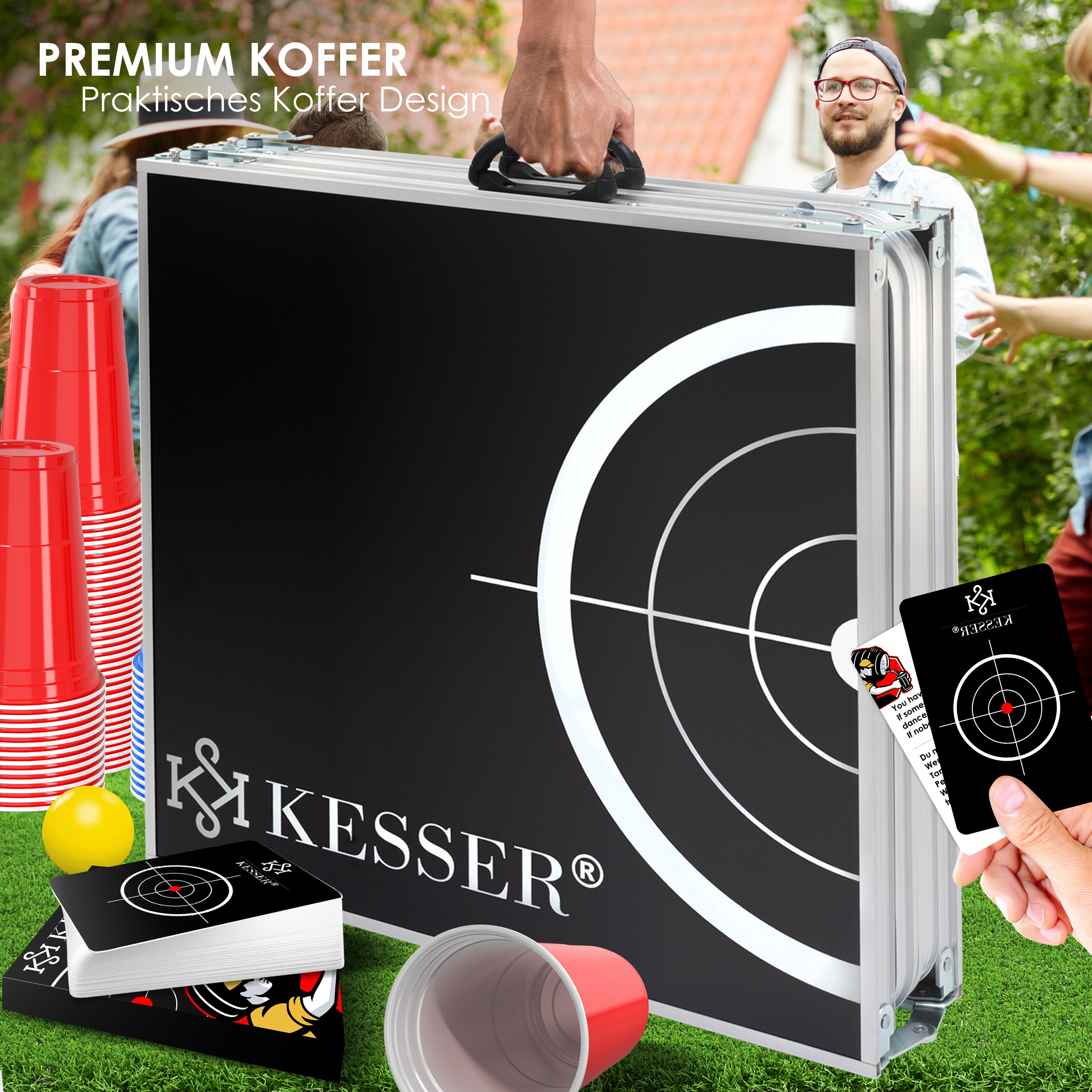 KESSER® Beer Pong Tisch Set mit Kartenspiel Trinkspiel - inkl. 100 Becher (50 Rot & 50 Blau), 6 Bälle + Regelwerk Partyspiele Table Höhenverstellbar Klappbarer