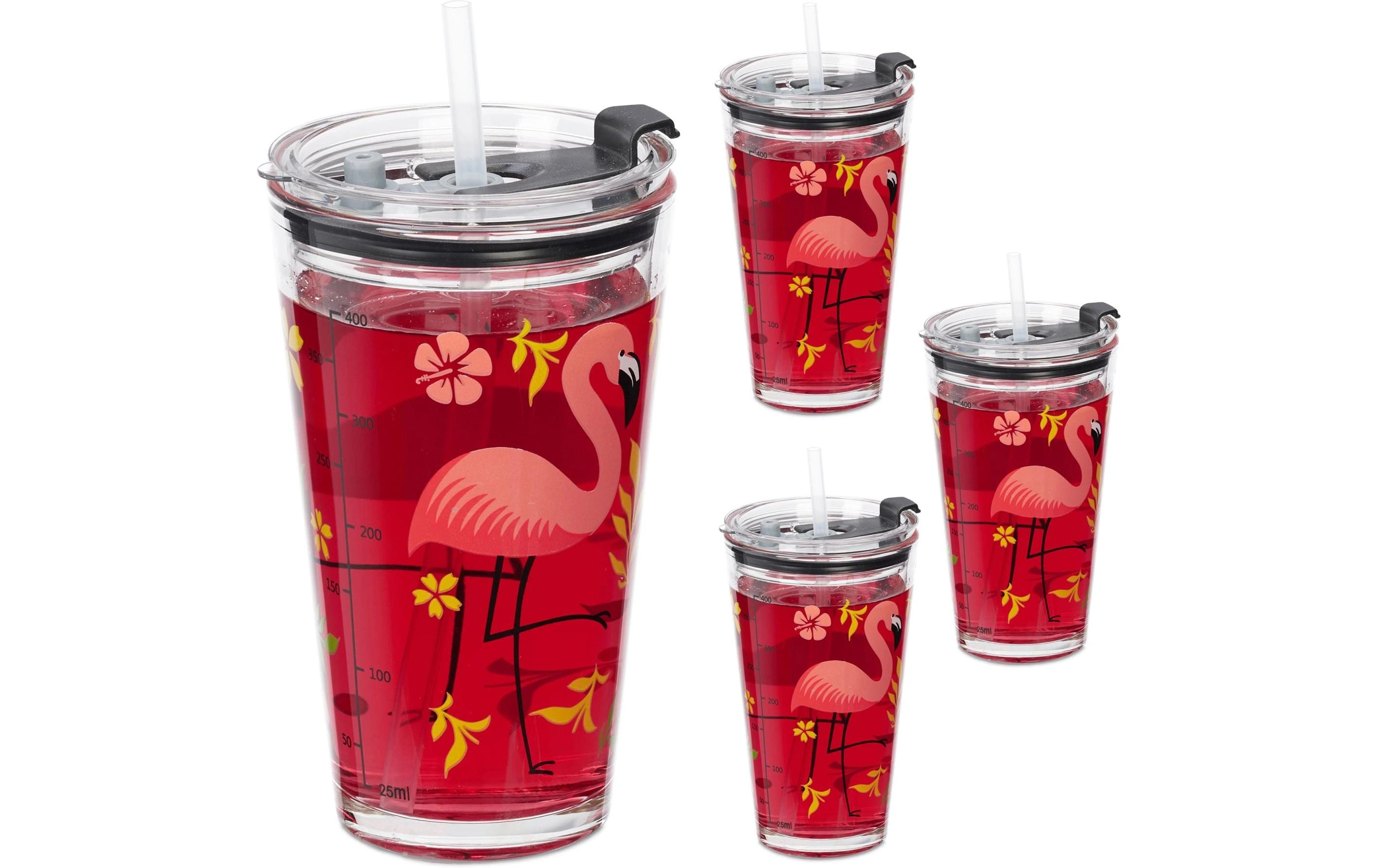 Trinkglas Flamingo 4 Stück, 450 mlGlas mit Deckel und Strohhalm