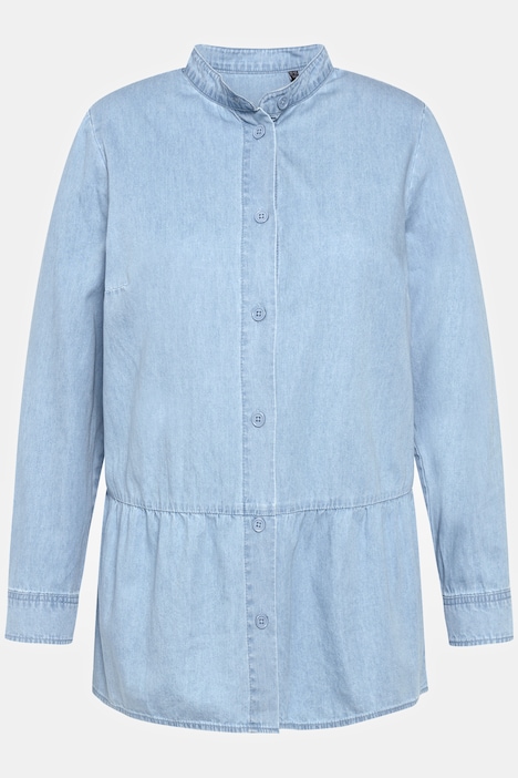 Jeansbluse, Volantsaum, A-Linie, Stehkragen, Langarm