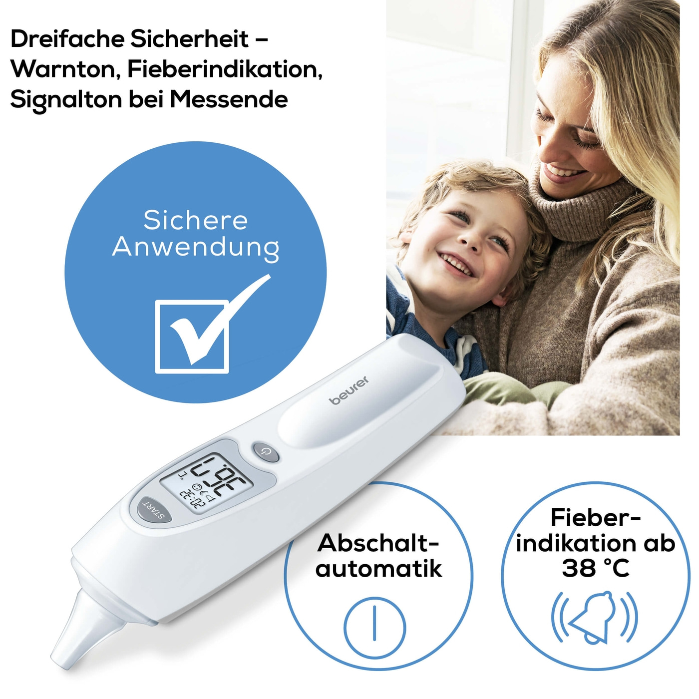 FT 58 Ohrthermometer Infrarot Fieberthermometer Temperatur Messgerät (°C/°F) inkl. Batterien  (79533) - Weiss